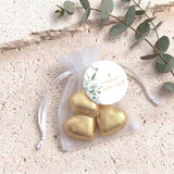 Green Leaves Gold Cross Baptism Personalised Organza Bags with Chocolate Hearts