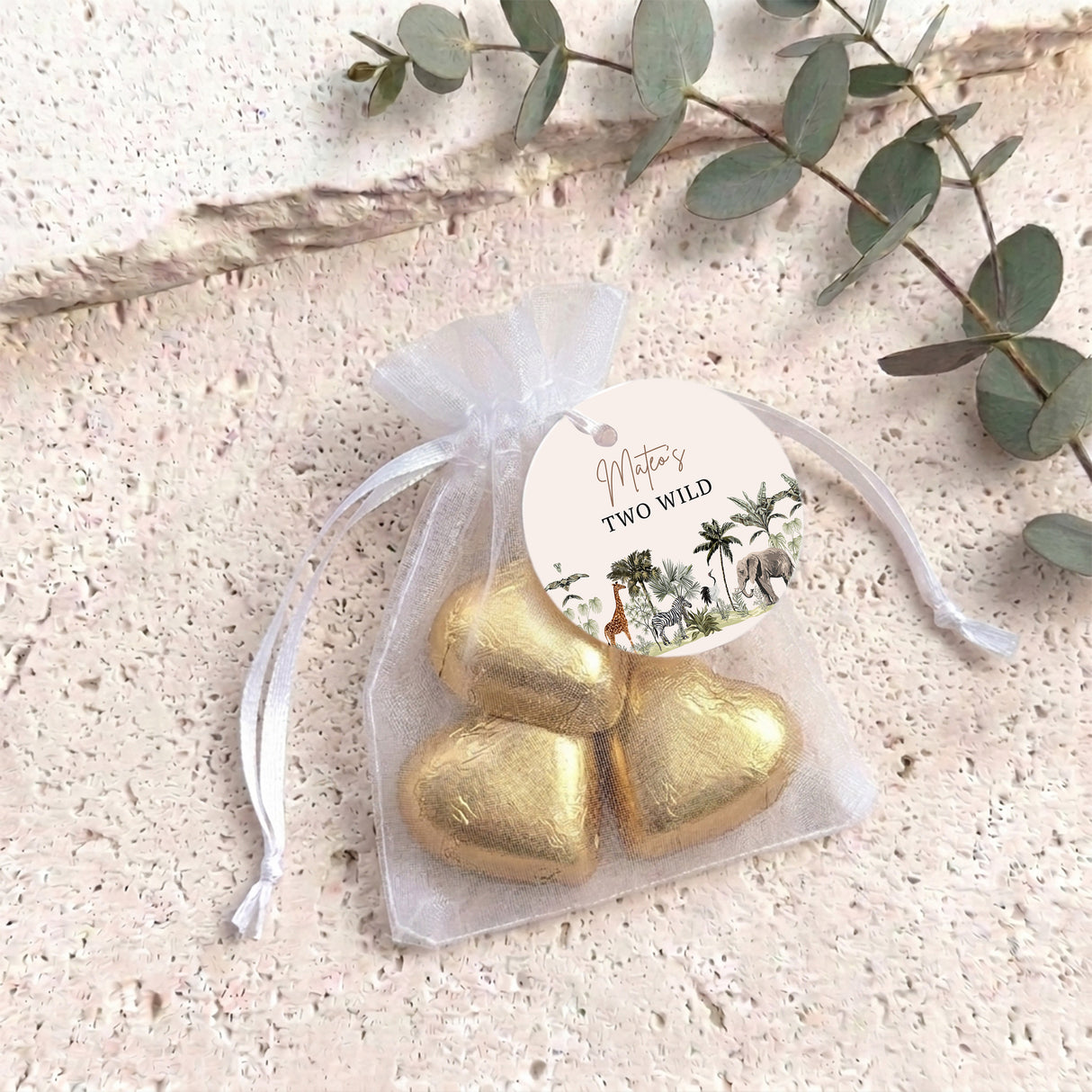 Jungle Safari Two Wild Personalised Organza Bags with Chocolate Hearts