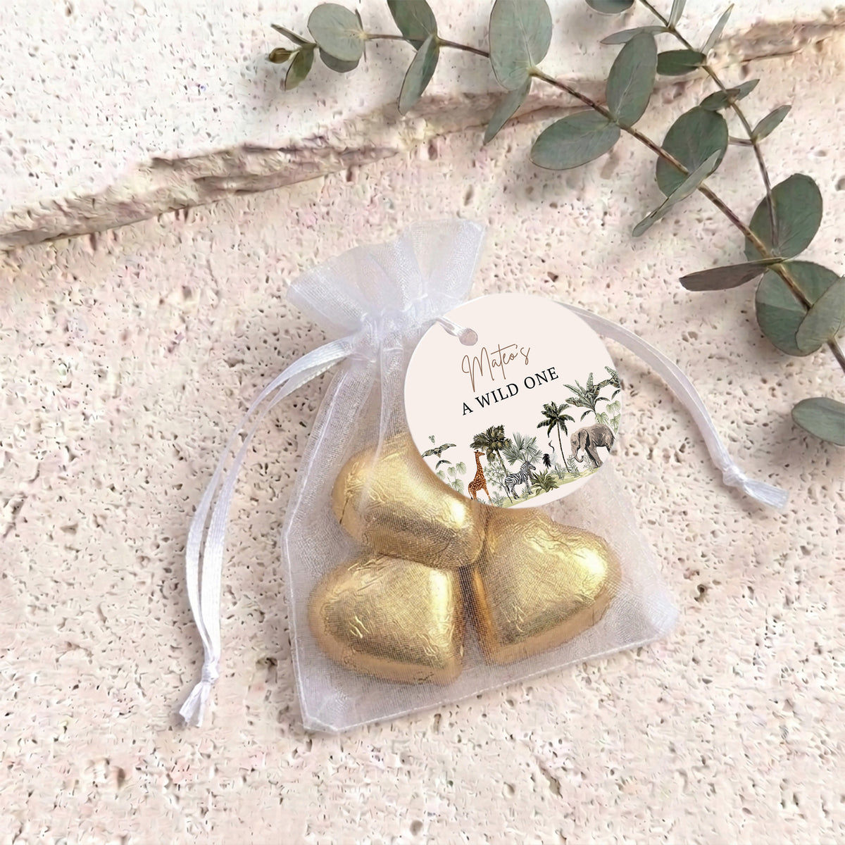 Jungle Safari Wild One Personalised Organza Bags with Chocolate Hearts