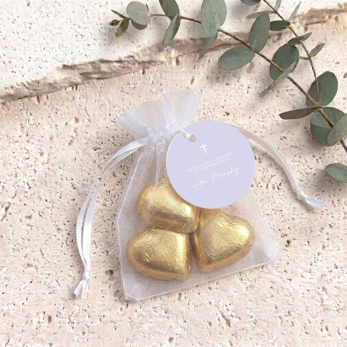 Lilac White Cross Confirmation Personalised Organza Bags with Chocolate Hearts