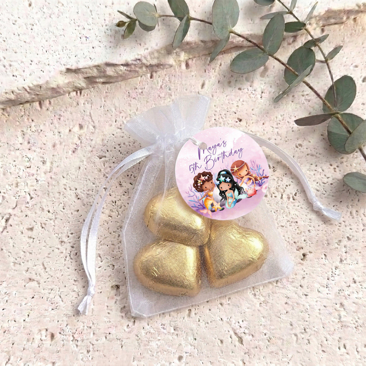 Mermaids Birthday Personalised Organza Bags with Chocolate Hearts