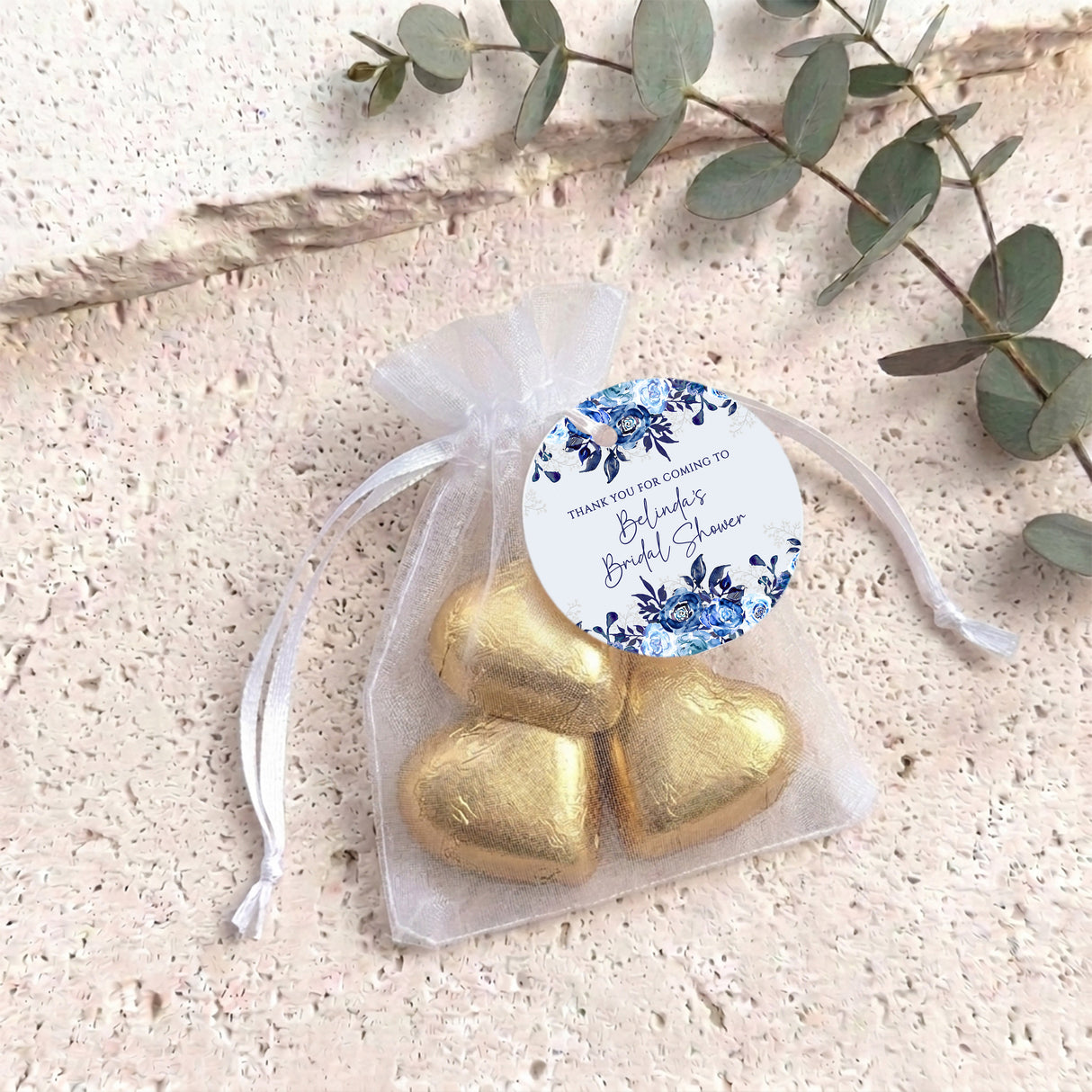 Navy Blue Waterfall Bridal Shower Personalised Organza Bags with Chocolate Hearts