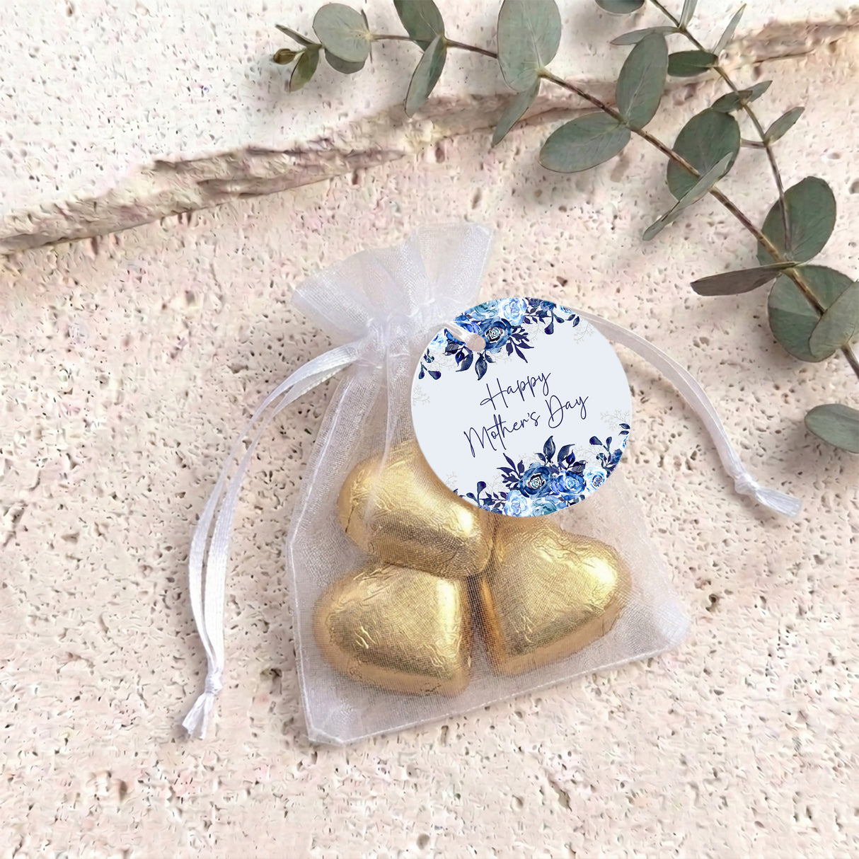 Navy Blue Waterfall Mothers Day Personalised Organza Bags with Chocolate Hearts