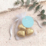 Pastel Blue White Cross Confirmation Personalised Organza Bags with Chocolate Hearts