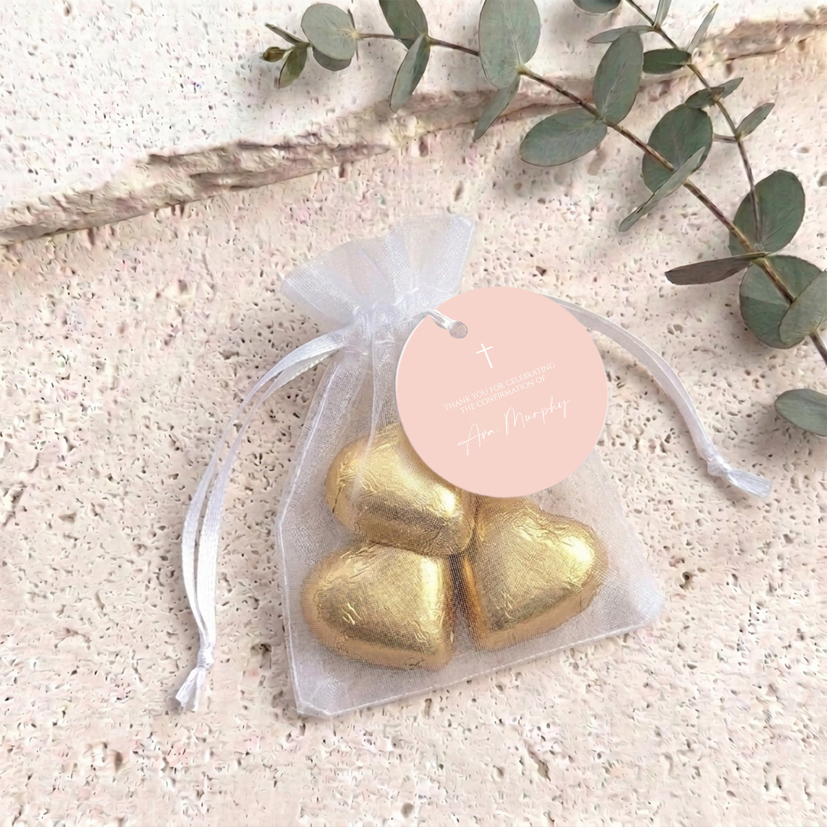Pastel Peach White Cross Confirmation Personalised Organza Bags with Chocolate Hearts