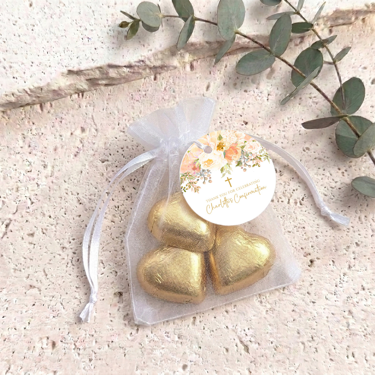 Peach Cream Roses Waterfall Confirmation Personalised Organza Bags with Chocolate Hearts