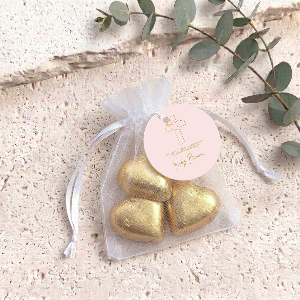 Pink Dove Cross Confirmation Personalised Organza Bags with Chocolate Hearts