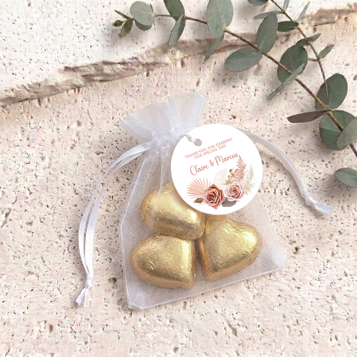 Pink Floral Boho Wedding Personalised Organza Bags with Chocolate Hearts