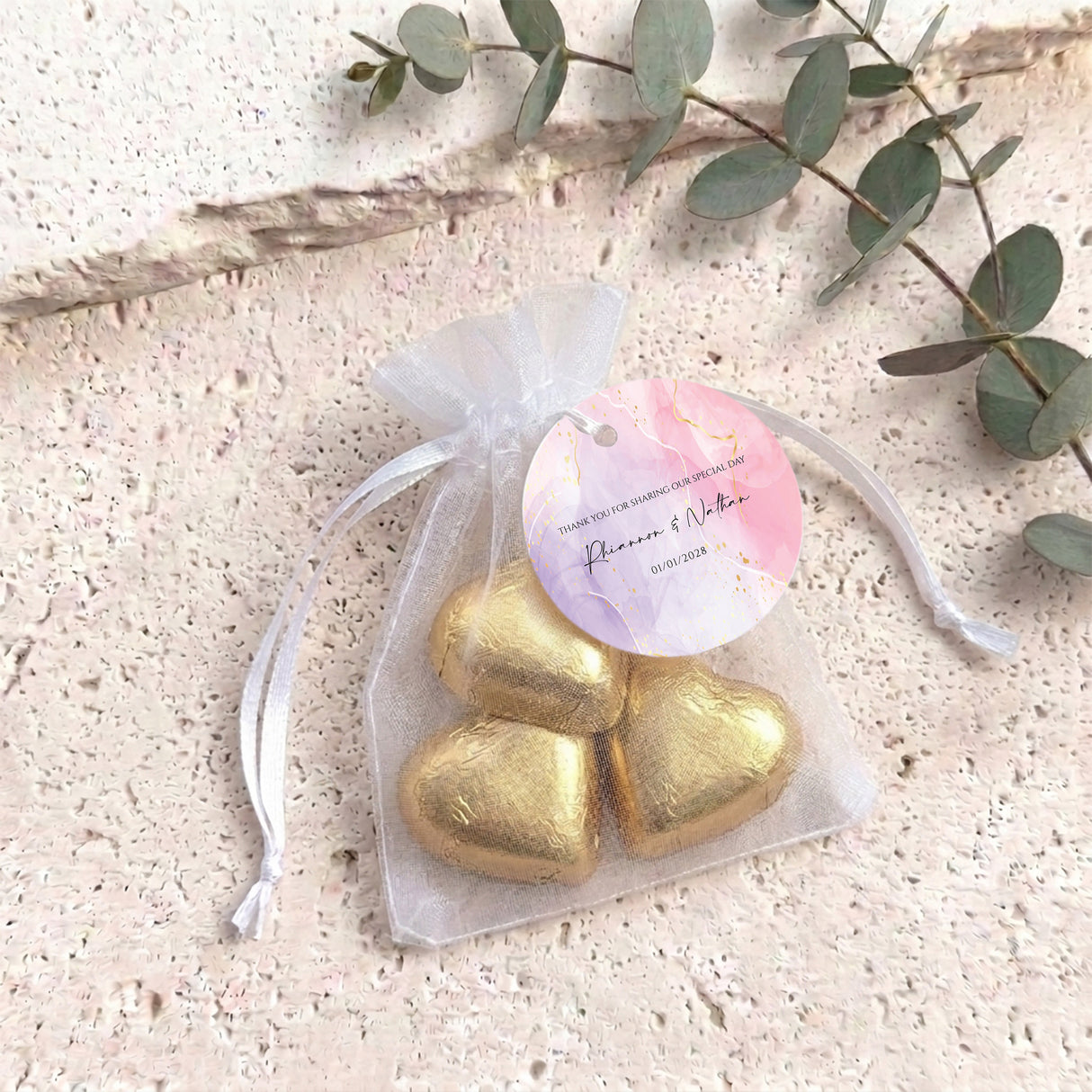 Pink Purple Marble Weddings Personalised Organza Bags with Chocolate Hearts