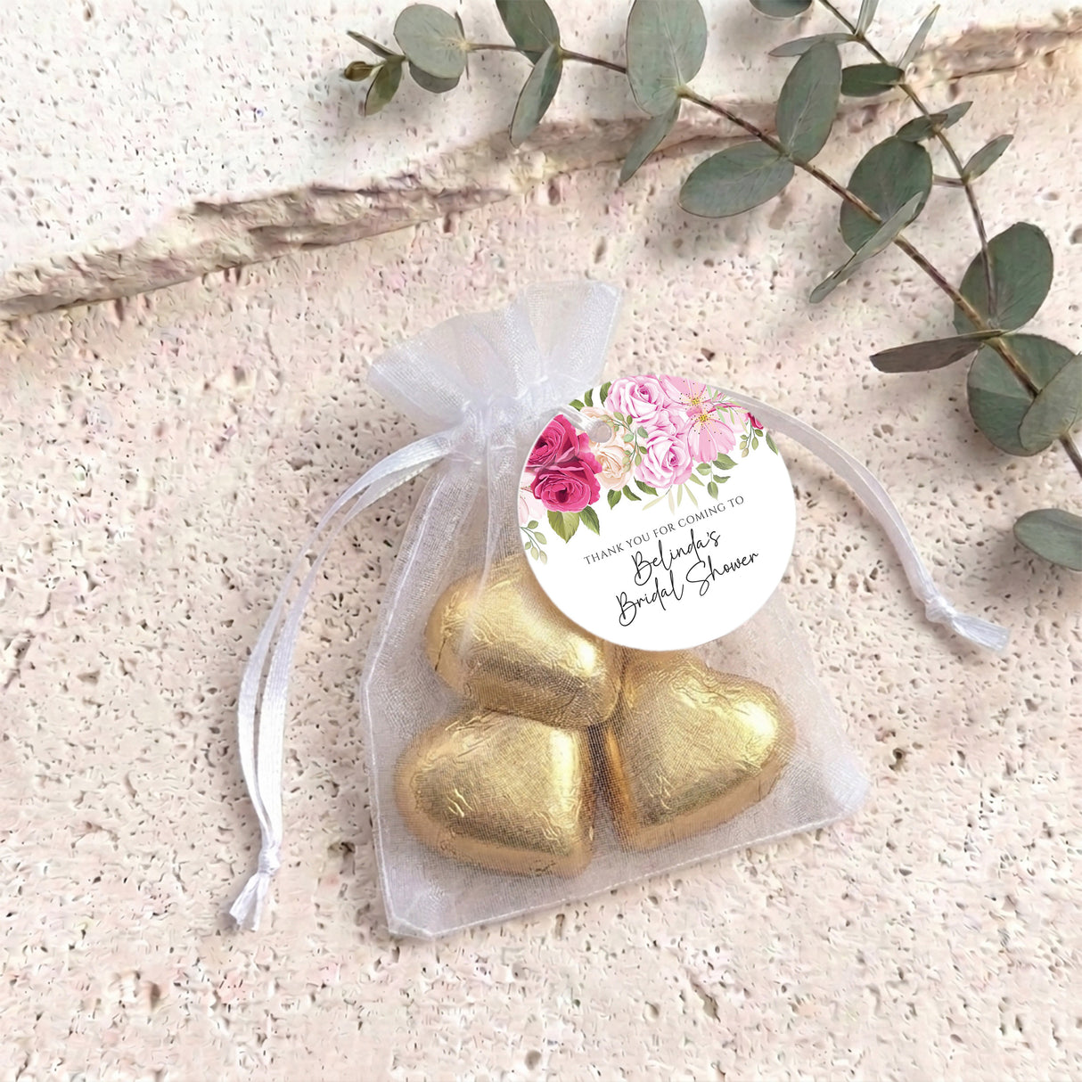 Pink Rose Waterfall Bridal Shower Personalised Organza Bags with Chocolate Hearts