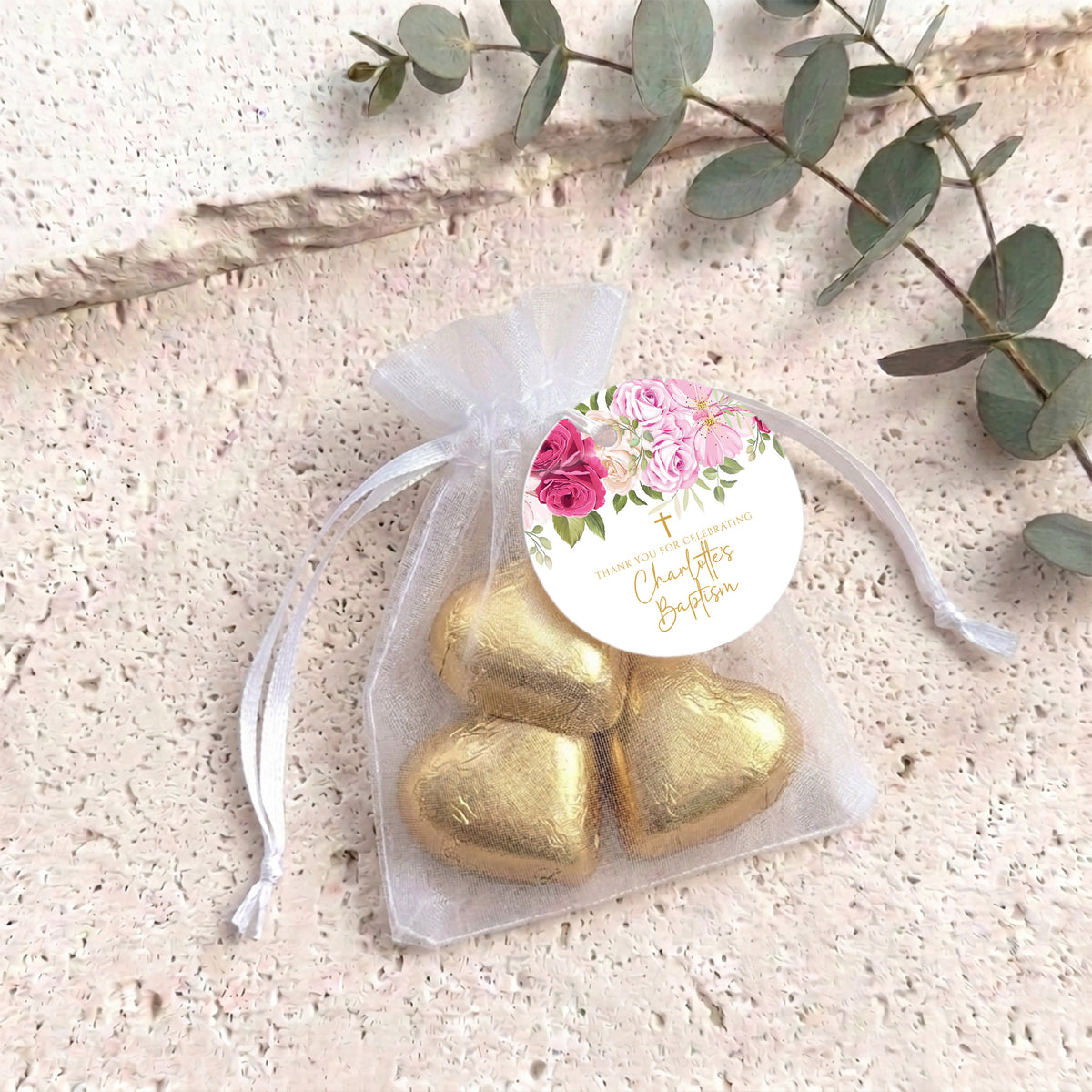 Pink Rose Waterfall Christening Personalised Organza Bags with Chocolate Hearts