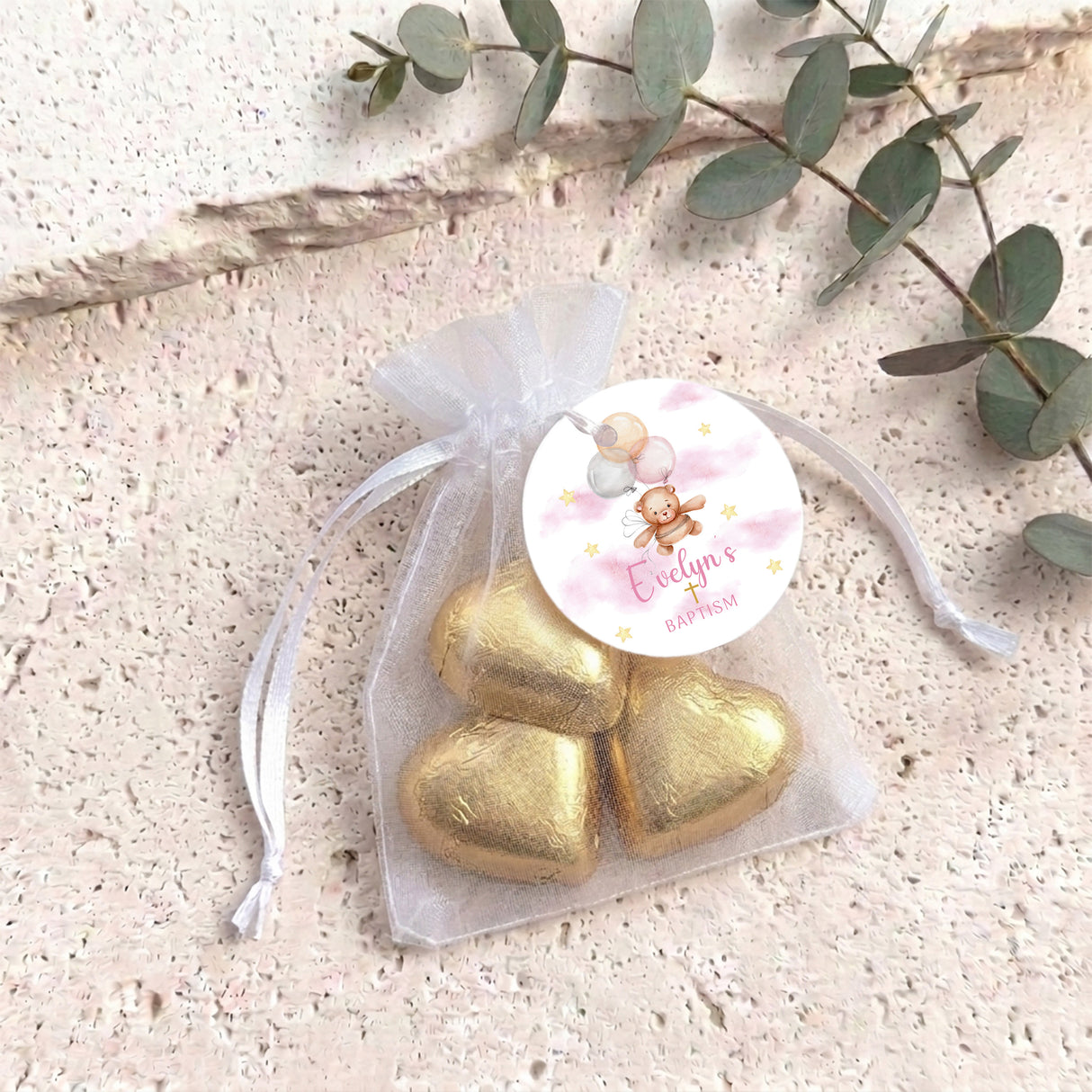 Pink Teddy Balloons Baptism Personalised Organza Bags with Chocolate Hearts