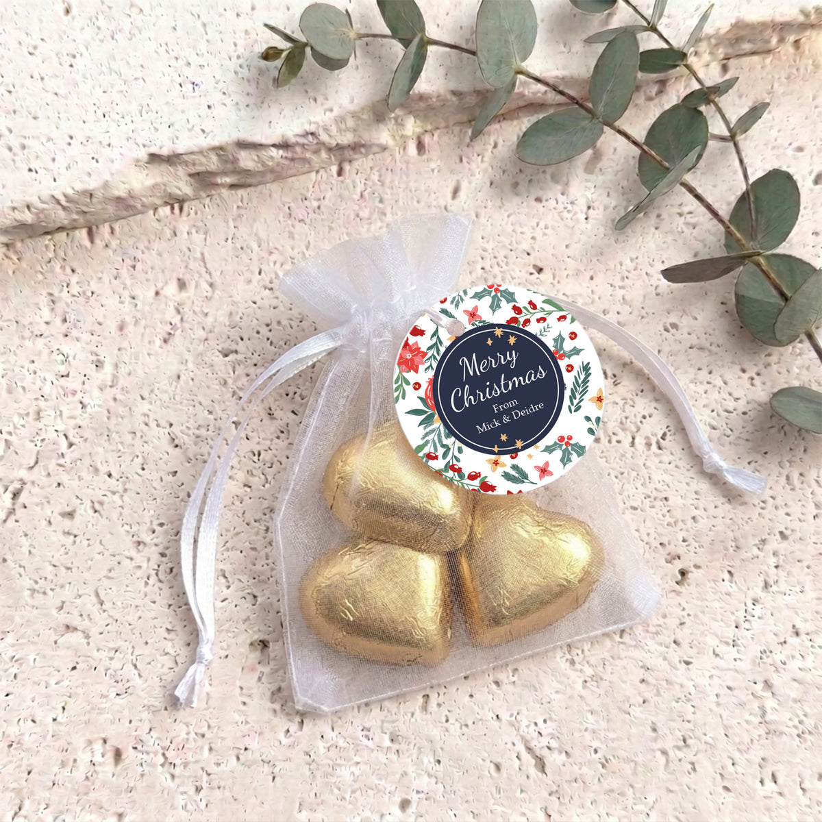 Christmas Florals Personalised Organza Bags with Chocolate Hearts