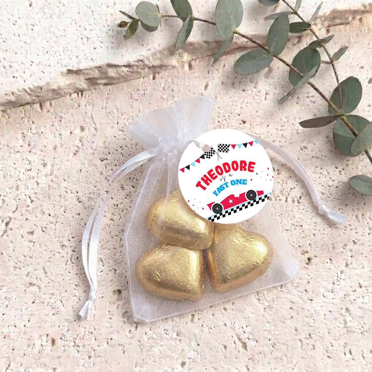 Race Car Fast One Personalised Organza Bags with Chocolate Hearts