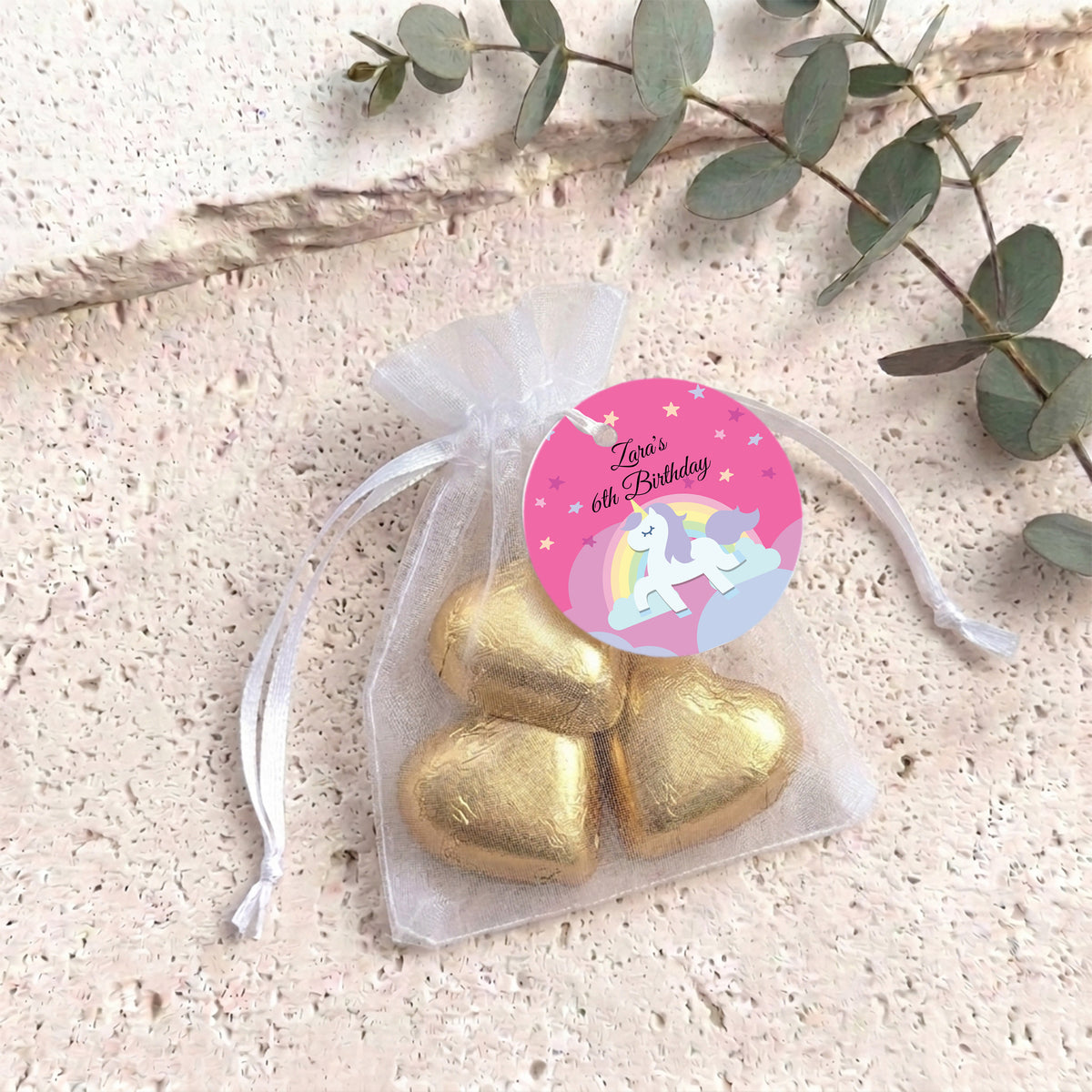 Rainbow Unicorn Girls Birthday Personalised Organza Bags with Chocolate Hearts