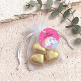 Rainbow Unicorn Girls Birthday Personalised Organza Bags with Chocolate Hearts