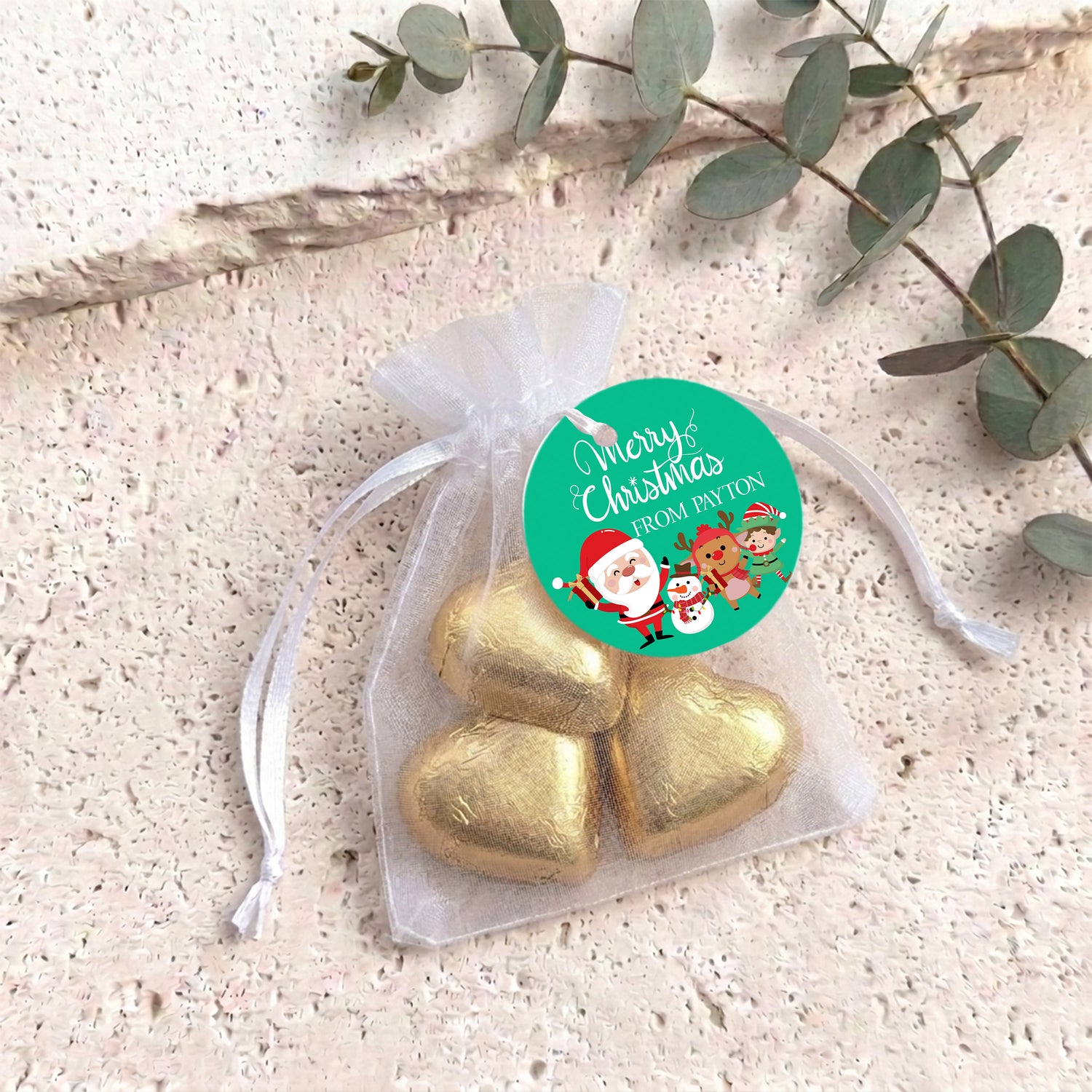 Merry Christmas Green Personalised Organza Bags with Chocolate Hearts