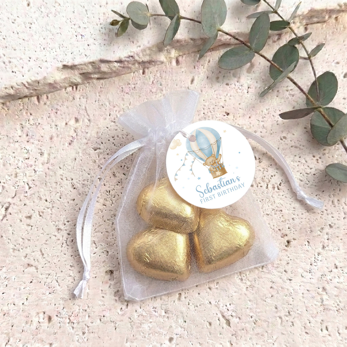 Teddy In Hot Air Balloon First Birthday Personalised Organza Bags with Chocolate Hearts
