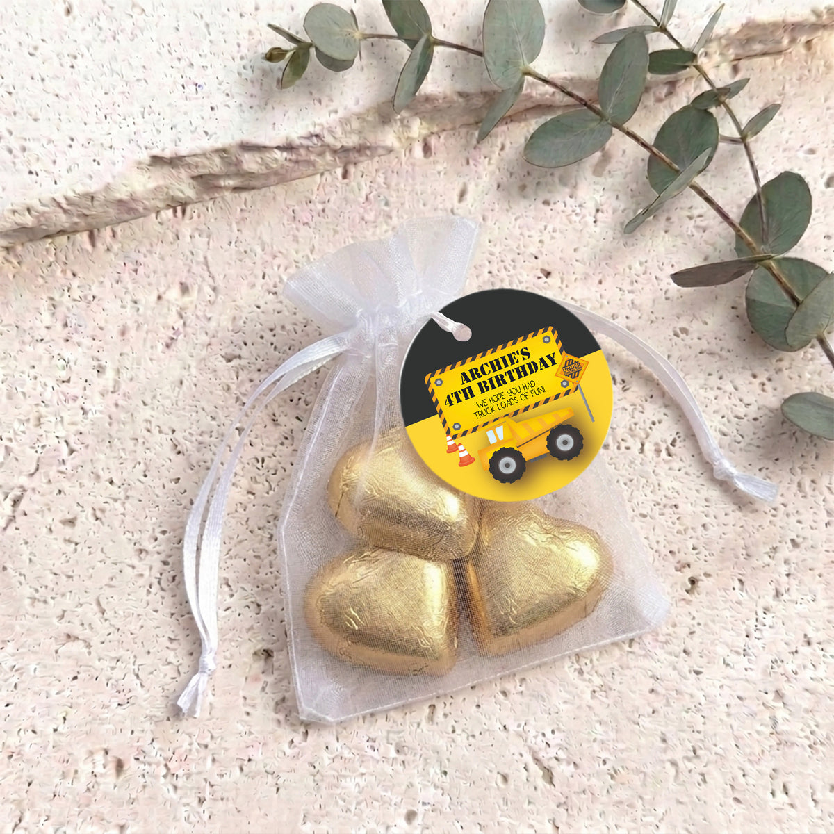 Trucks Diggers Birthday Personalised Organza Bags with Chocolate Hearts