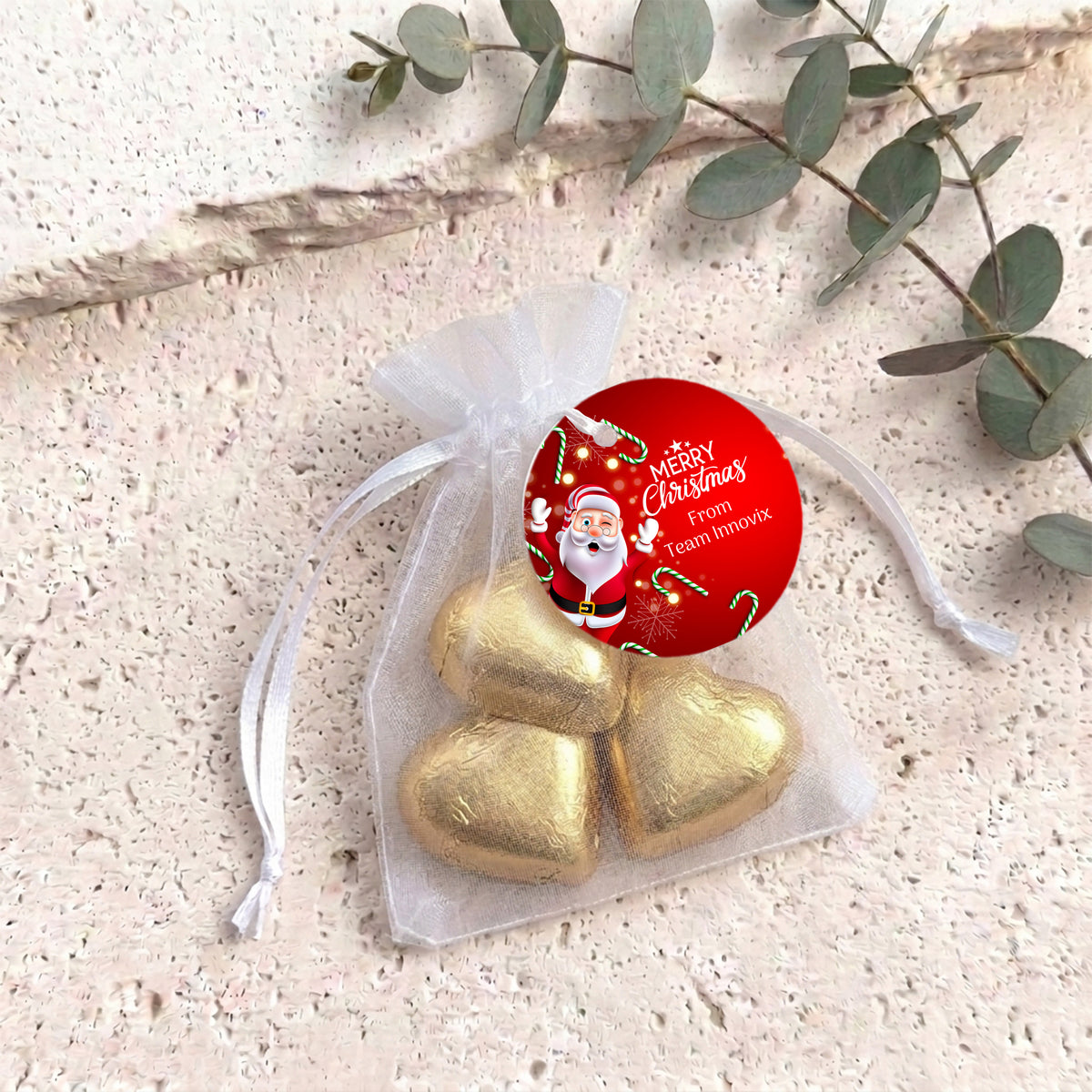 Waving Santa Personalised Organza Bags with Chocolate Hearts