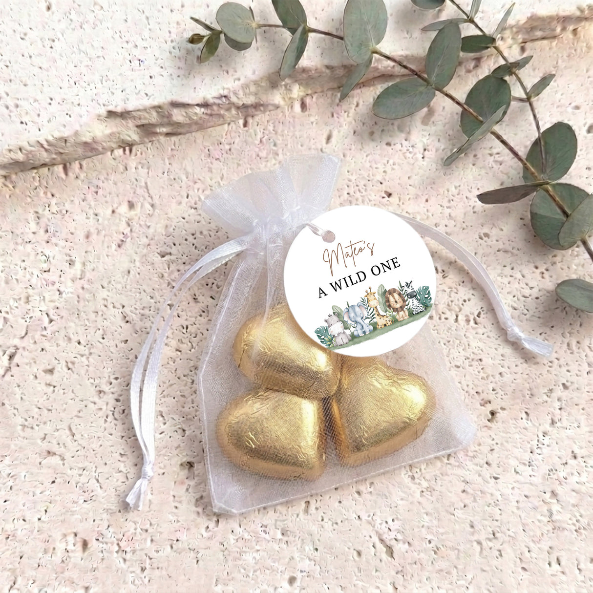 Wild One Personalised Organza Bags with Chocolate Hearts