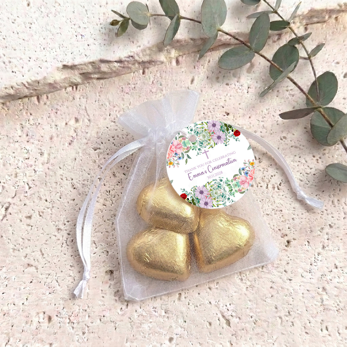 Wildflower Confirmation Personalised Organza Bags with Chocolate Hearts