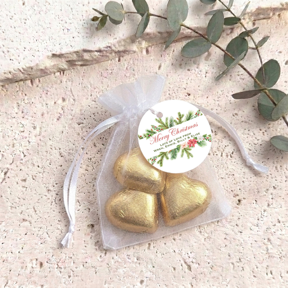Watercolour Christmas Personalised Organza Bags with Chocolate Hearts