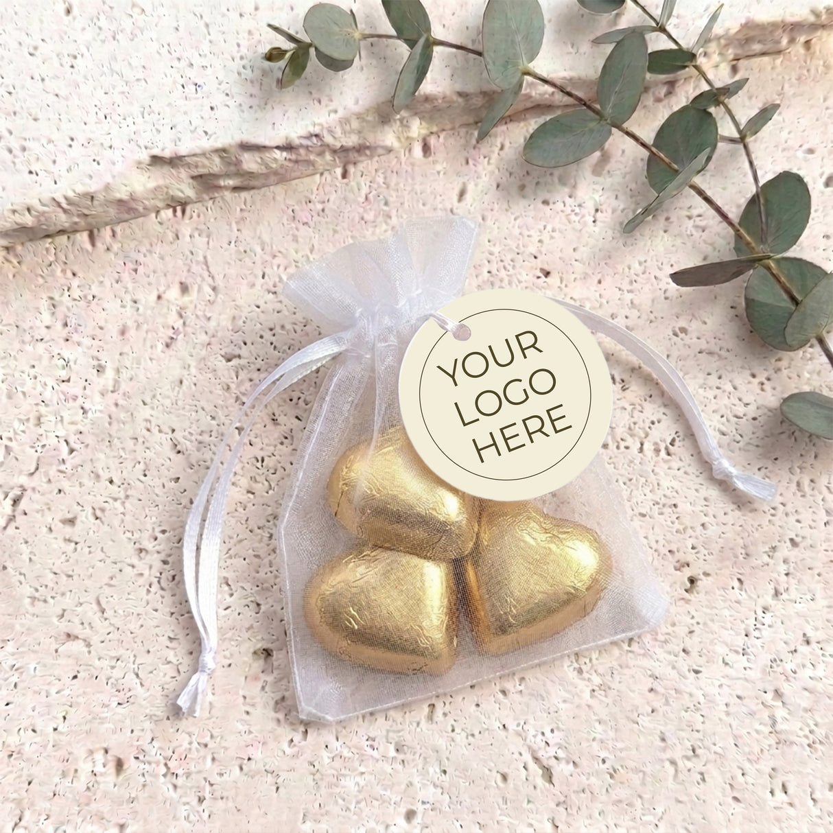 Corporate Personalised Organza Bags with Chocolate Hearts