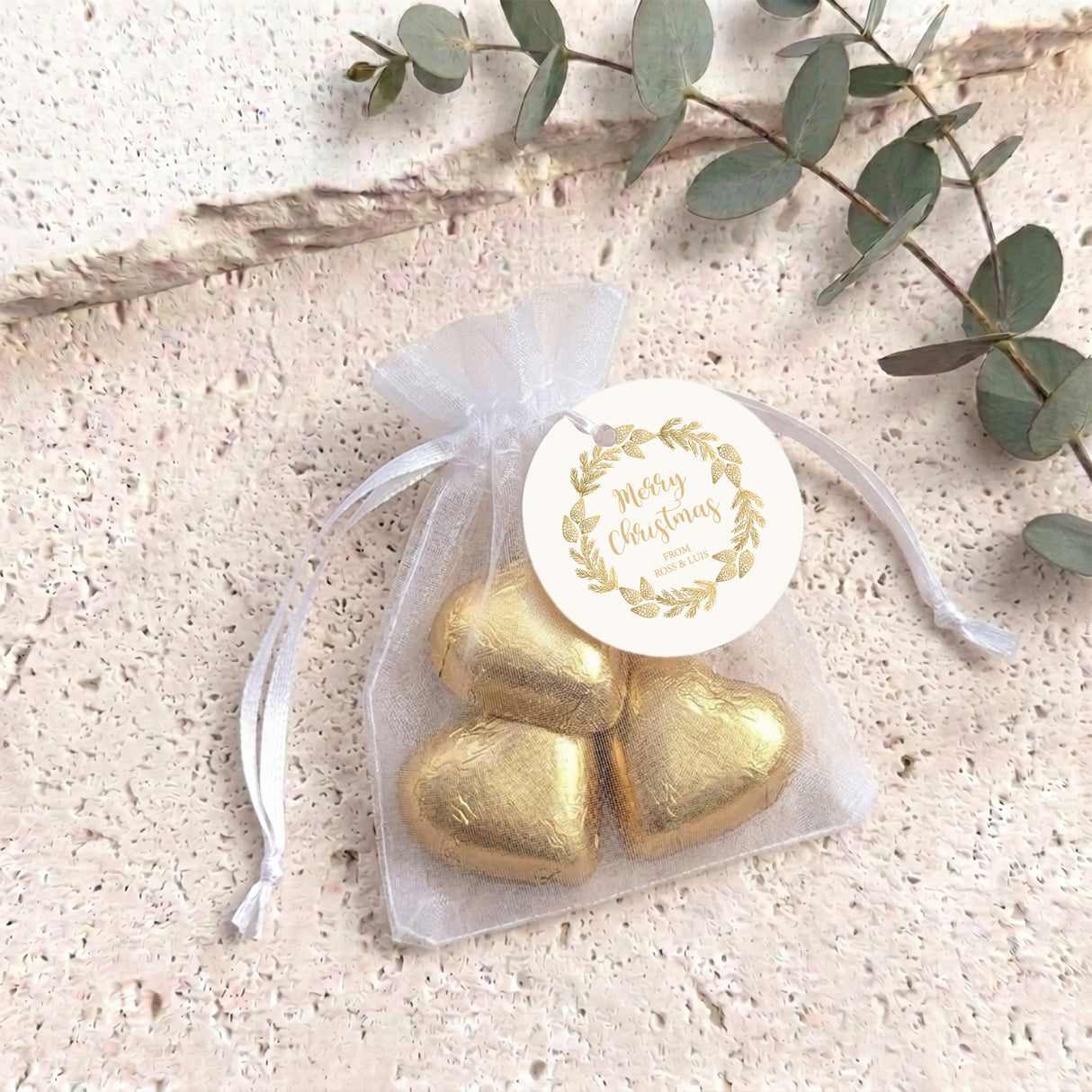 Christmas Gold Pine Personalised Organza Bags with Chocolate Hearts
