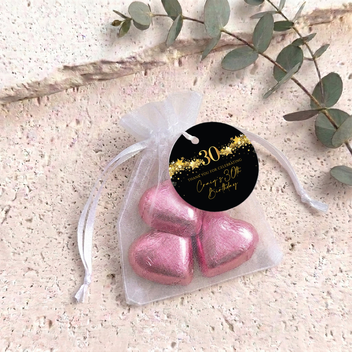 30Th Birthday Black Gold Stars Personalised Organza Bags with Chocolate Hearts