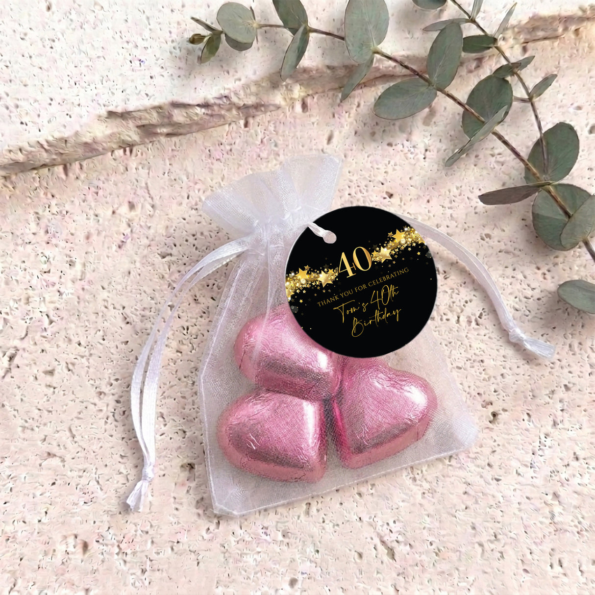 40Th Birthday Black Gold Stars Personalised Organza Bags with Chocolate Hearts