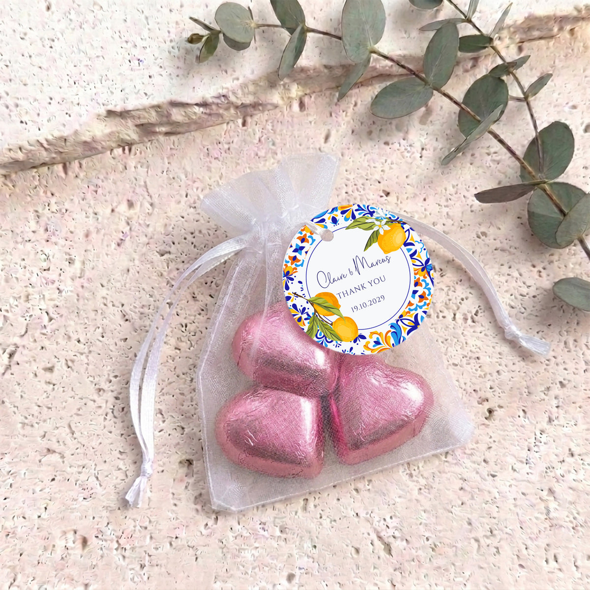 Amalfi Lemons Wedding Personalised Organza Bags with Chocolate Hearts