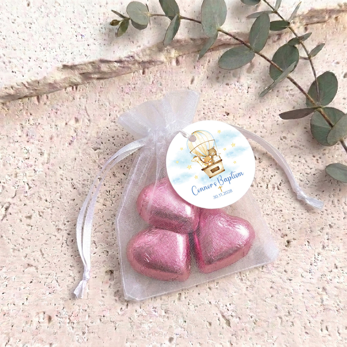 Animals In Hot Air Balloon Baptisms Personalised Organza Bags with Chocolate Hearts