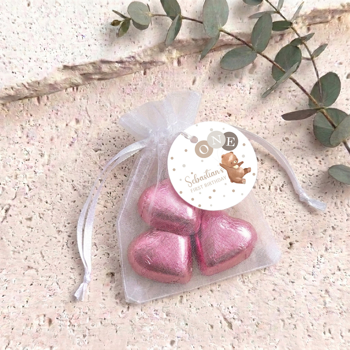 Brown Bear Balloons Baby Personalised Organza Bags with Chocolate Hearts