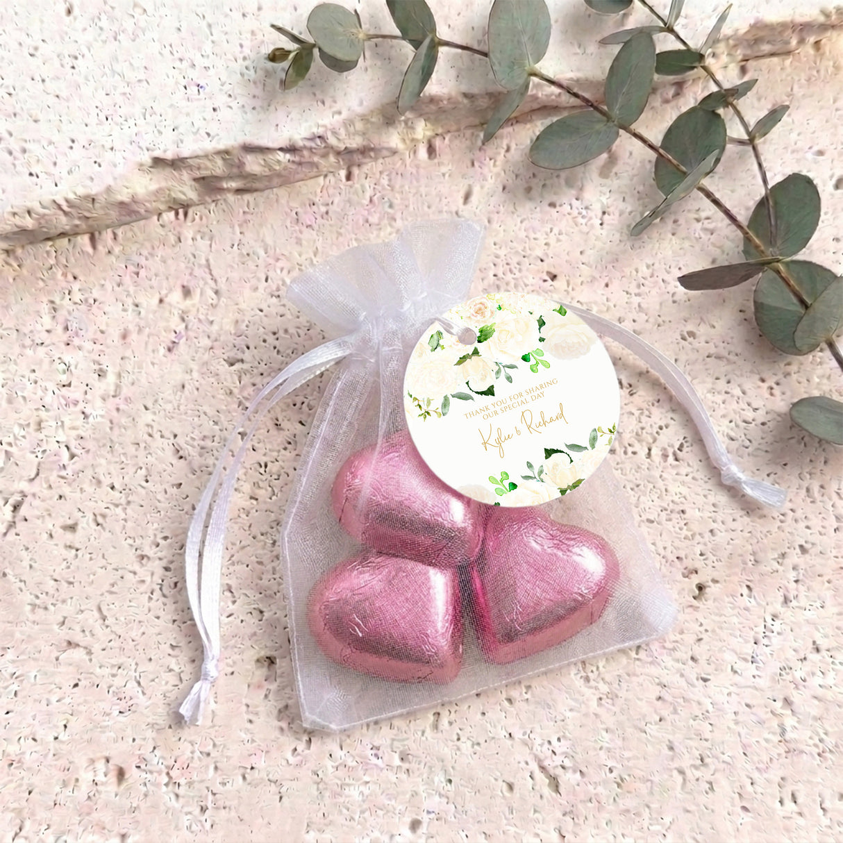 Cream Rose Waterfall Wedding Personalised Organza Bags with Chocolate Hearts