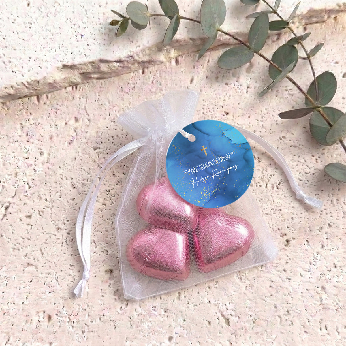 Deep Blue Gold Cross Confirmation Personalised Organza Bags with Chocolate Hearts