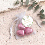 Eucalyptus Gold Wedding Personalised Organza Bags with Chocolate Hearts