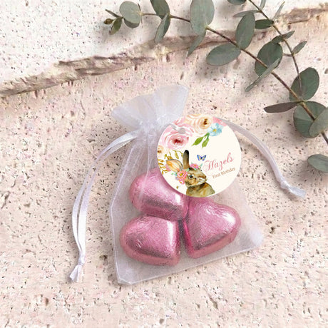 Personalised organza gift bag with pink foil heart and white ribbon tie