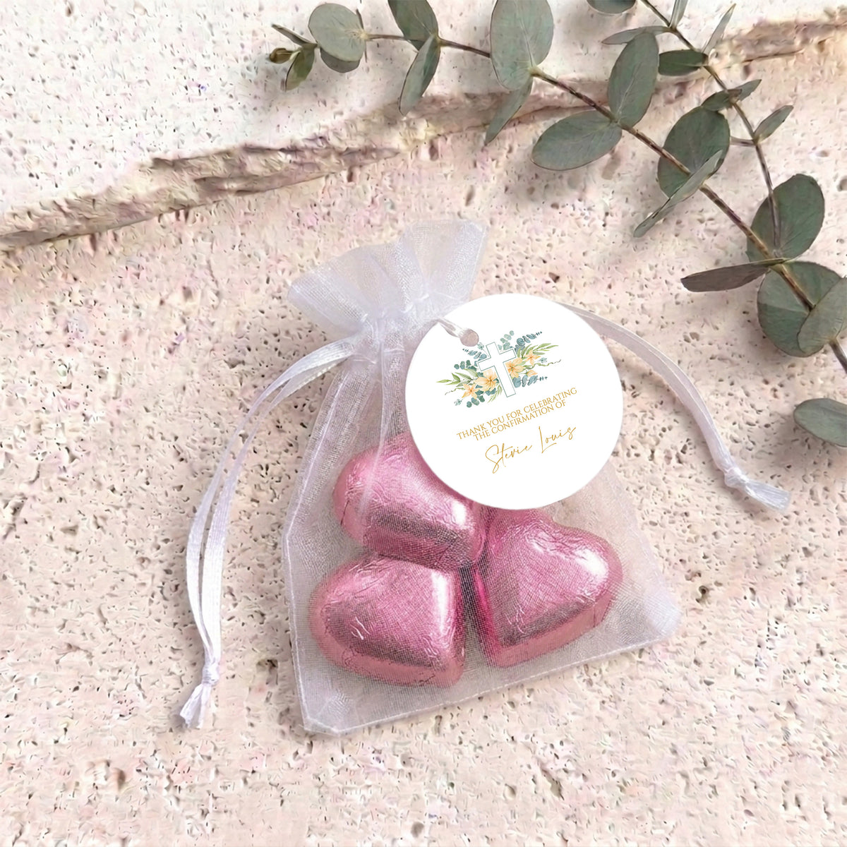 Floral Cross Confirmation Personalised Organza Bags with Chocolate Hearts