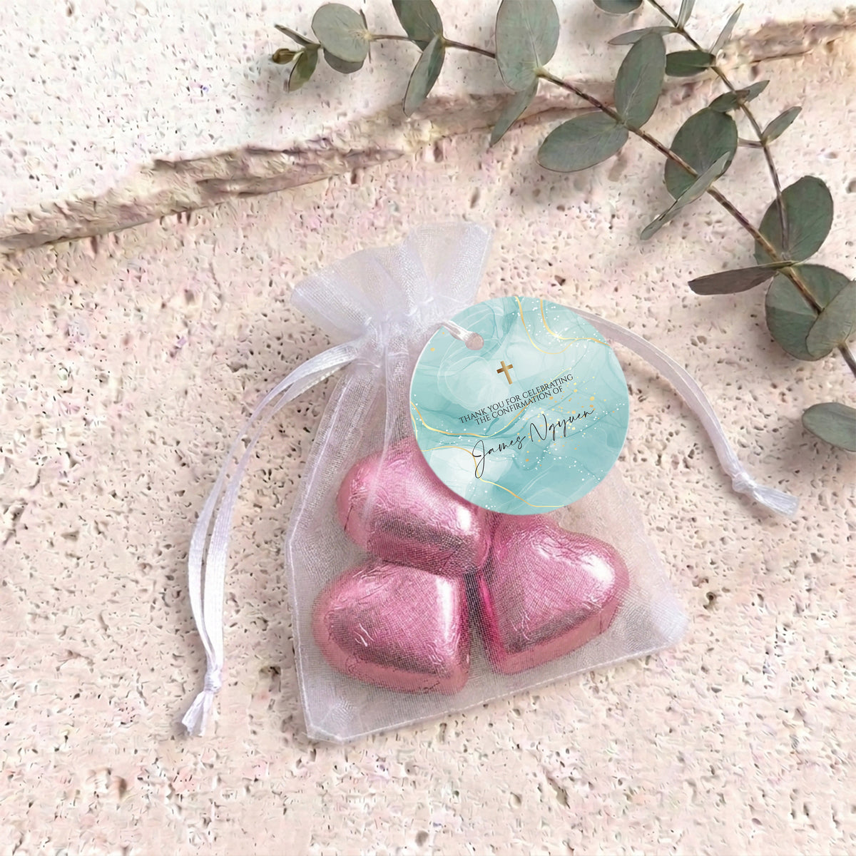 Green Gold Cross Confirmation Personalised Organza Bags with Chocolate Hearts
