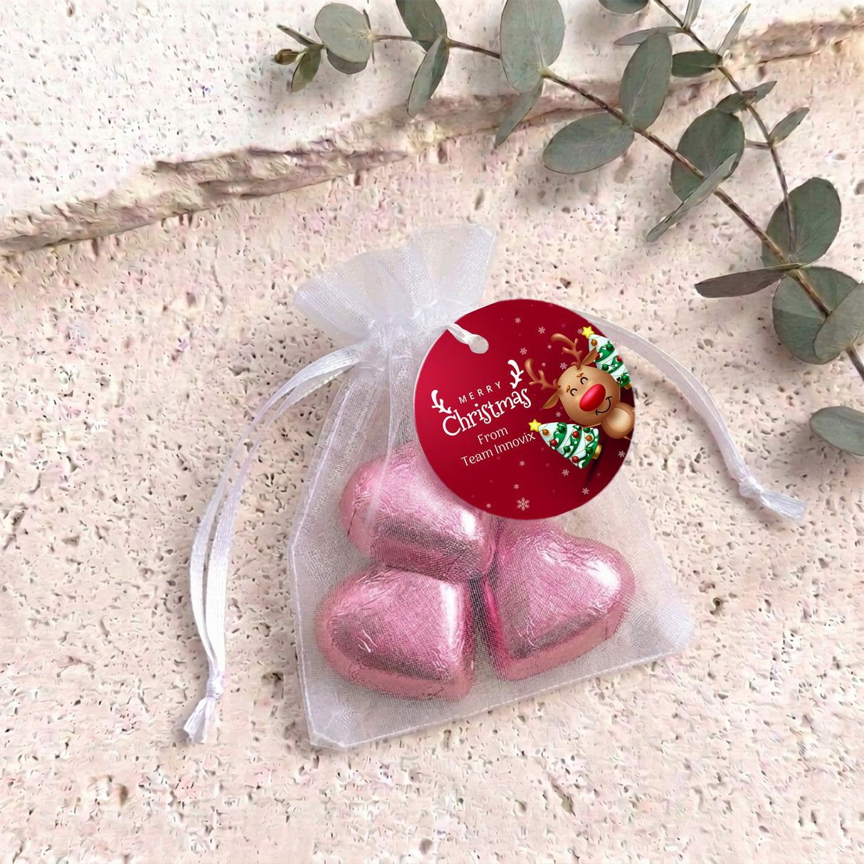 Happy Reindeer Personalised Organza Bags with Chocolate Hearts