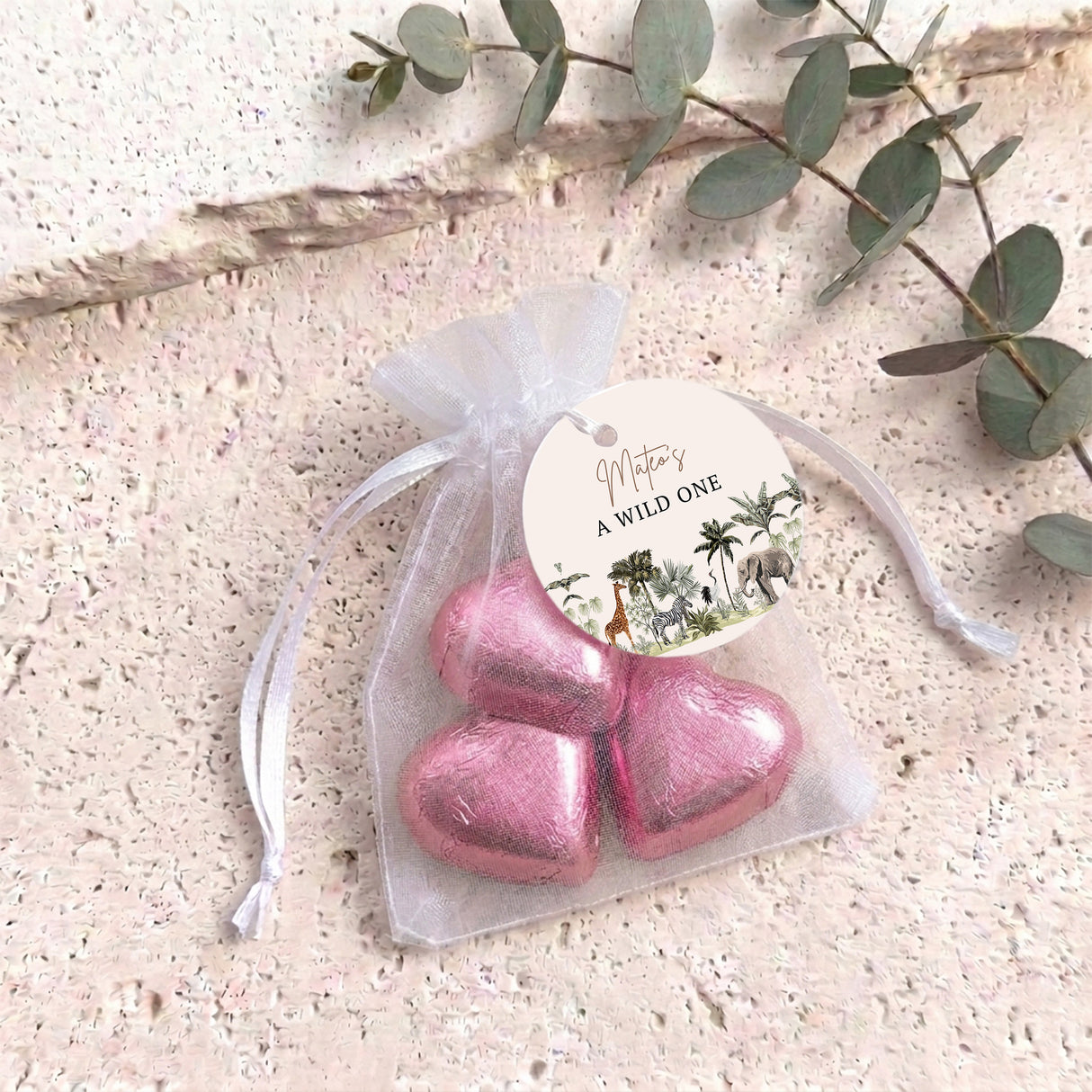 Jungle Safari Wild One Personalised Organza Bags with Chocolate Hearts