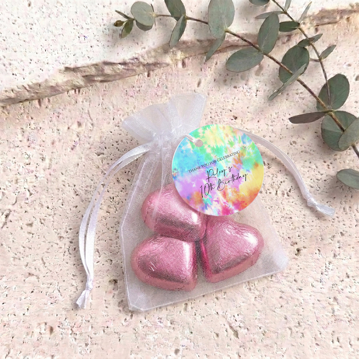 Kids Tie Dye Birthday Personalised Organza Bags with Chocolate Hearts