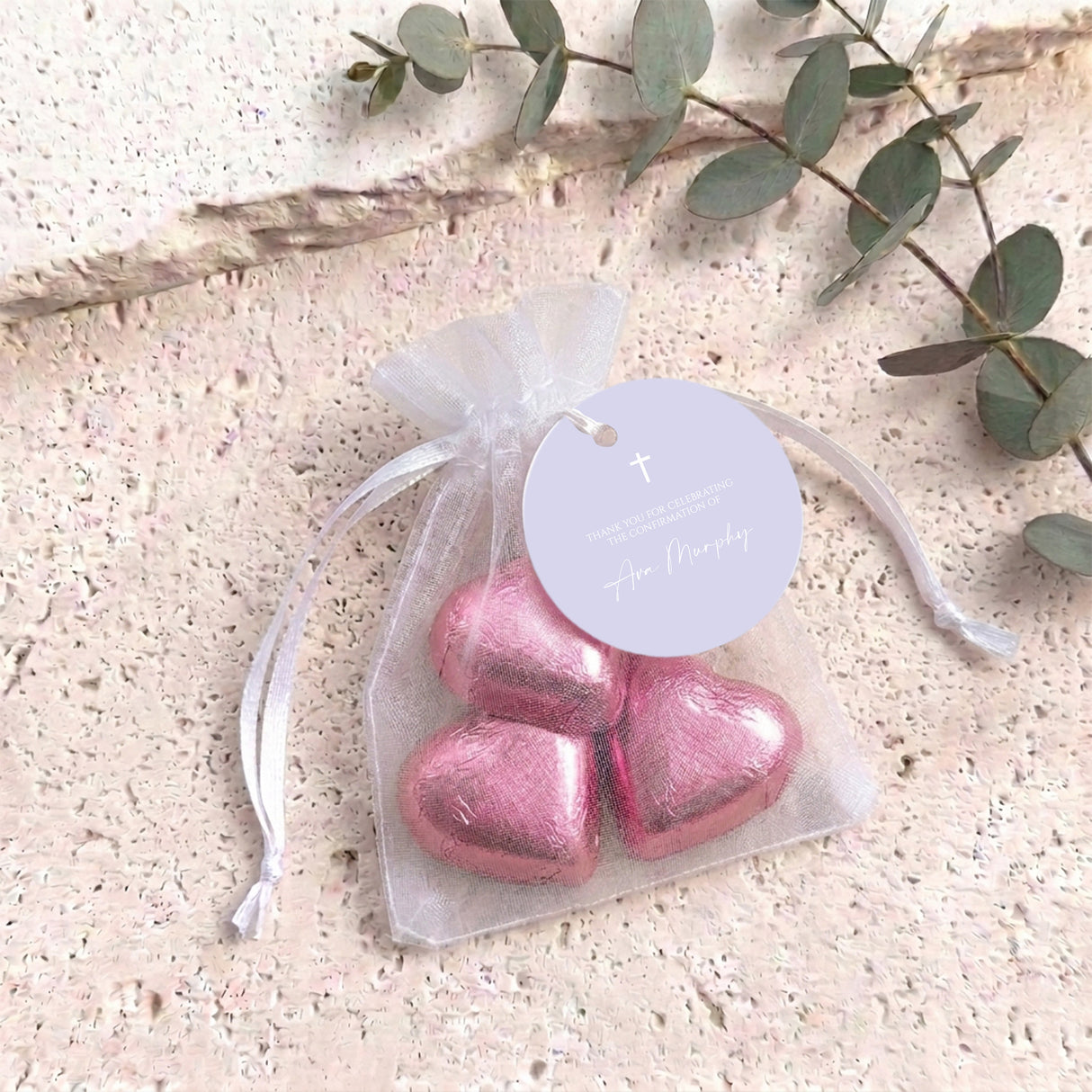 Lilac White Cross Confirmation Personalised Organza Bags with Chocolate Hearts