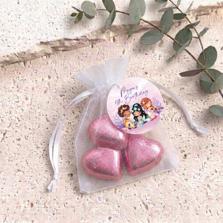 Personalised organza gift bag with heart chocolates, pink metallic drawstring pouch