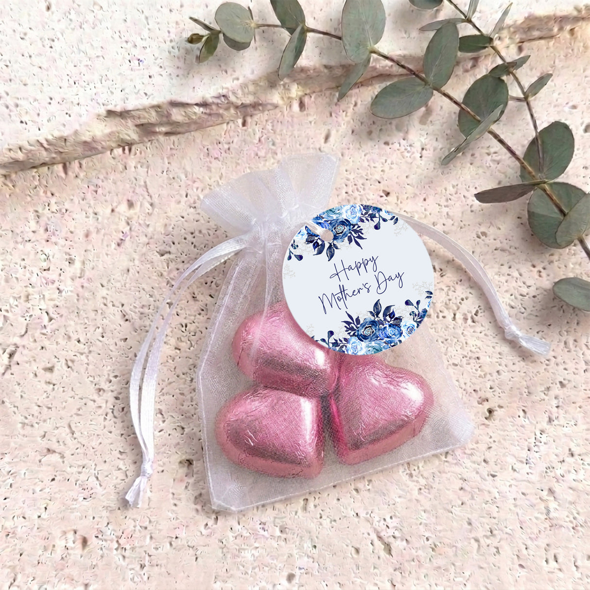 Navy Blue Waterfall Mothers Day Personalised Organza Bags with Chocolate Hearts