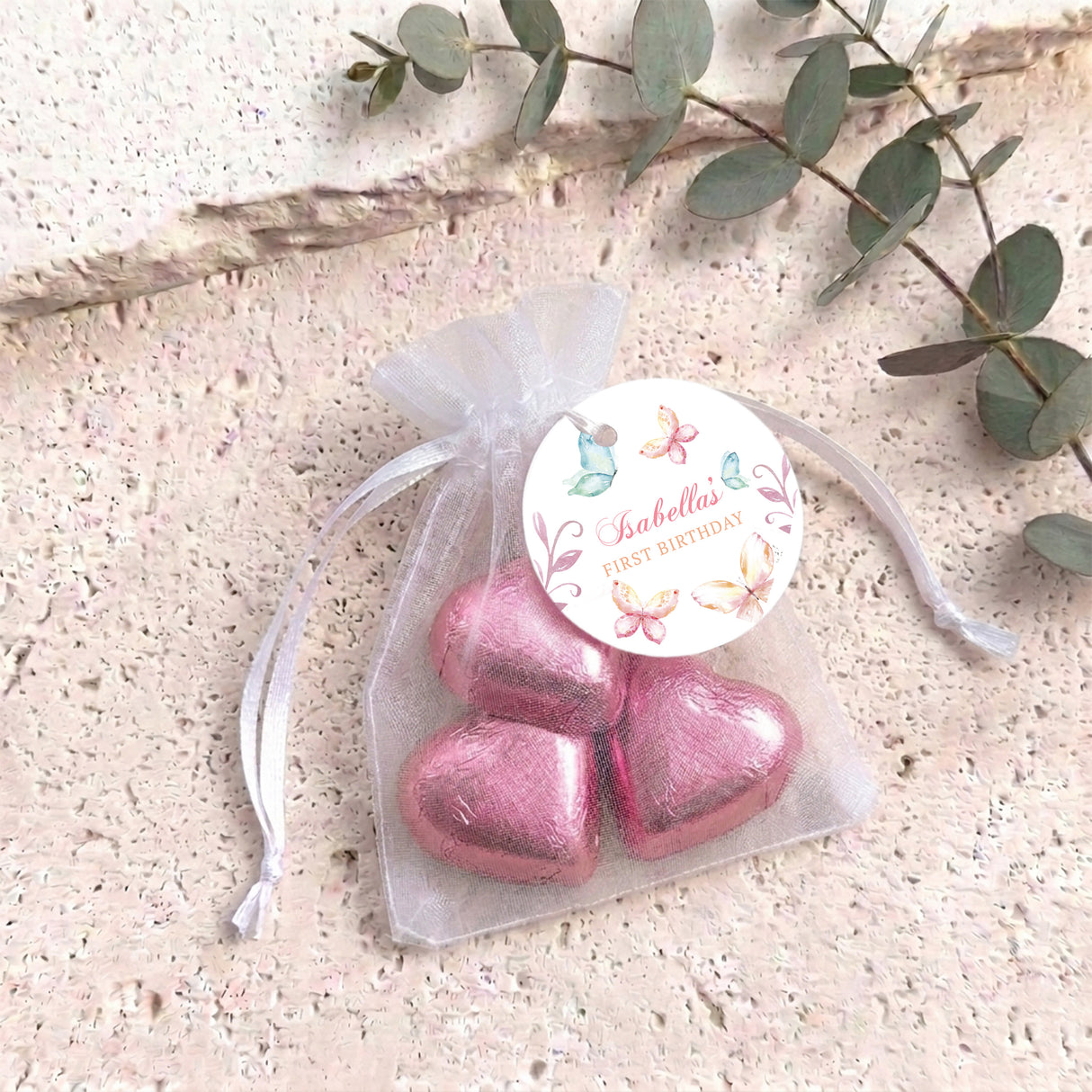 Pastel Butterflies Personalised Organza Bags with Chocolate Hearts