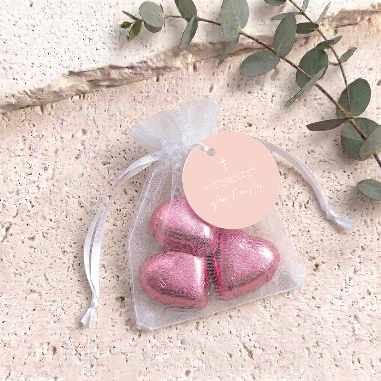 Pastel Peach White Cross Confirmation Personalised Organza Bags with Chocolate Hearts