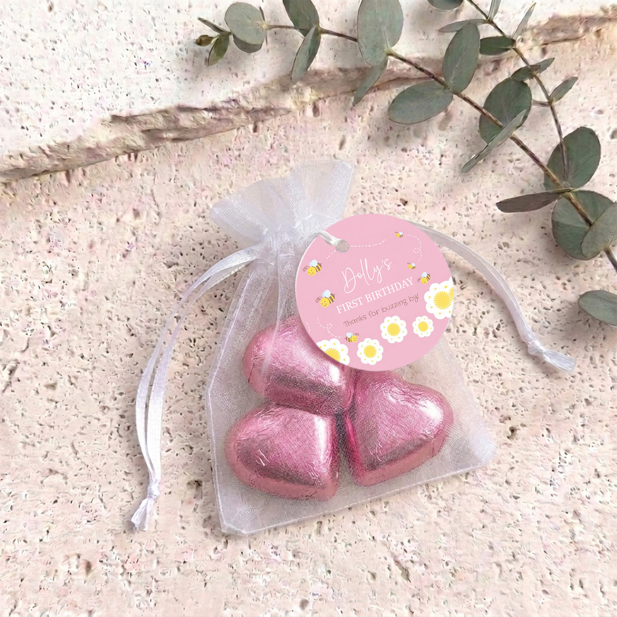 Pink Bumble Bee First Birthday Personalised Organza Bags with Chocolate Hearts