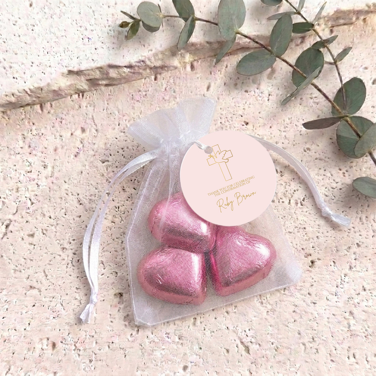 Pink Dove Cross Confirmation Personalised Organza Bags with Chocolate Hearts